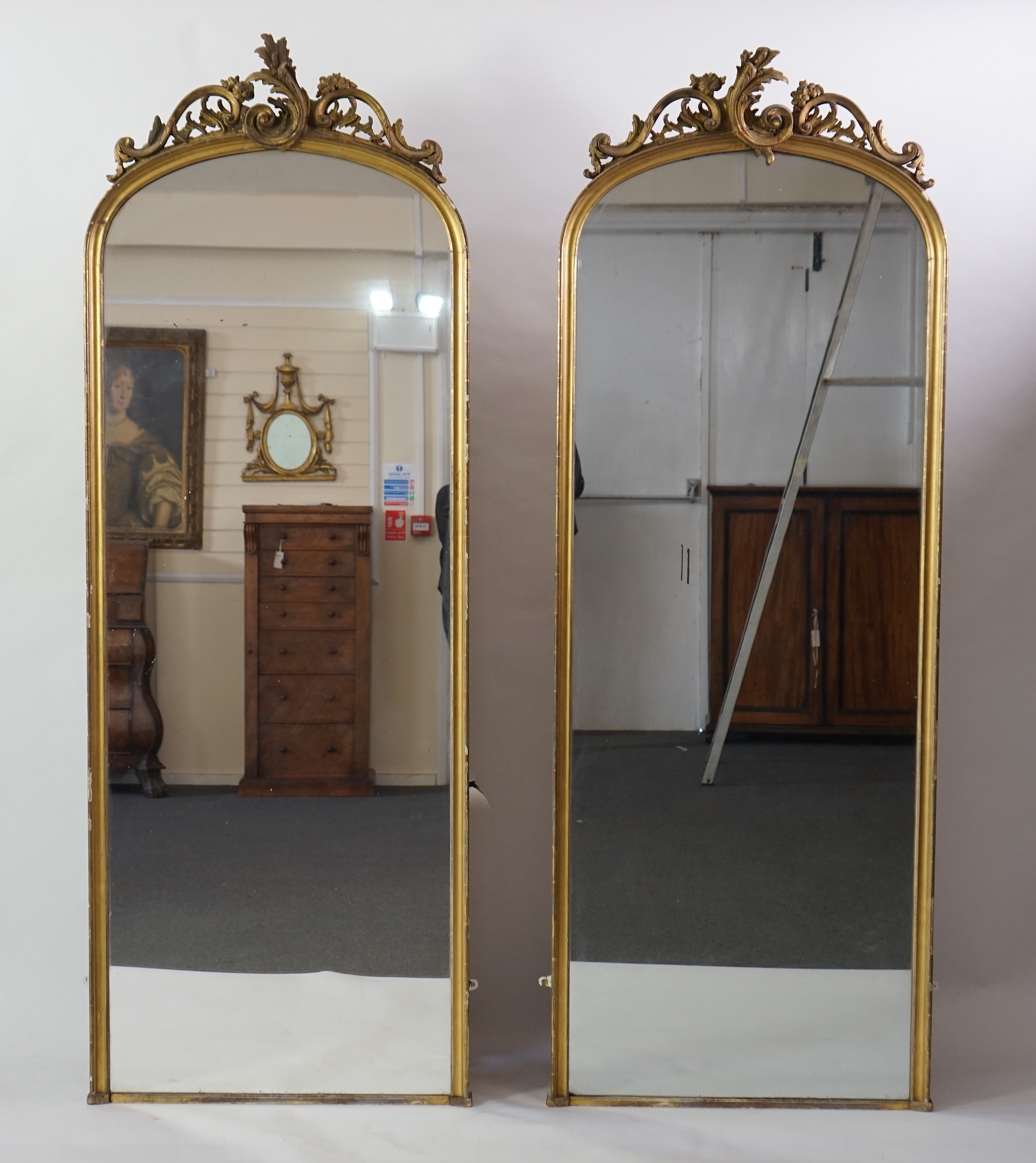 A pair of late 19th century giltwood and gesso pier glasses, with asymmetrical rococo scroll crests and arched plates, 80cm wide, 221cm high. Condition - fair